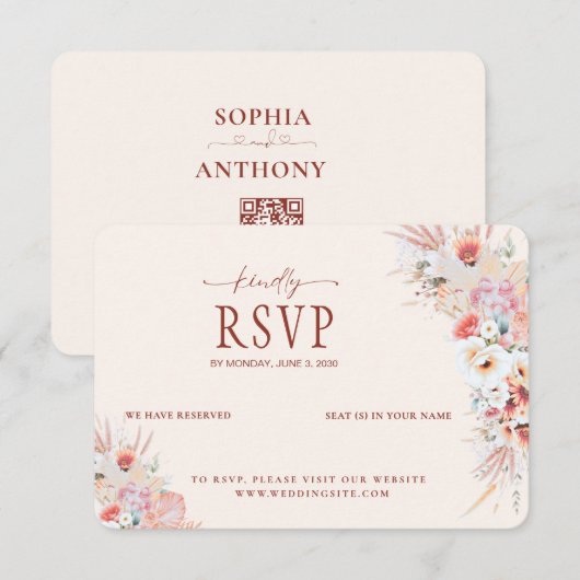 Blush Peach Floral QR Code RSVP Wedding Kaartje (Voorkant / Achterkant)