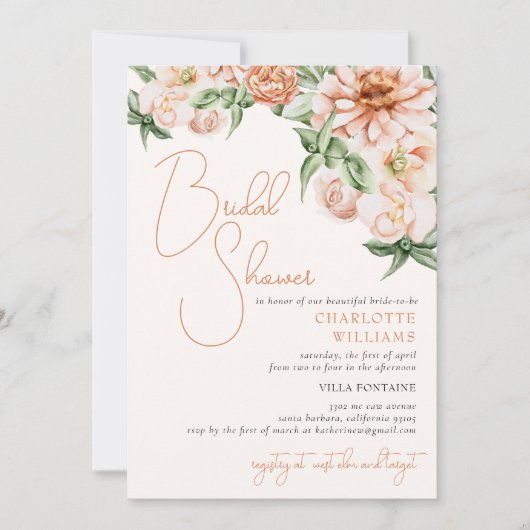 Blush Peach Floral Romantic Vrijgezellenfeest Kaart (Voorkant)