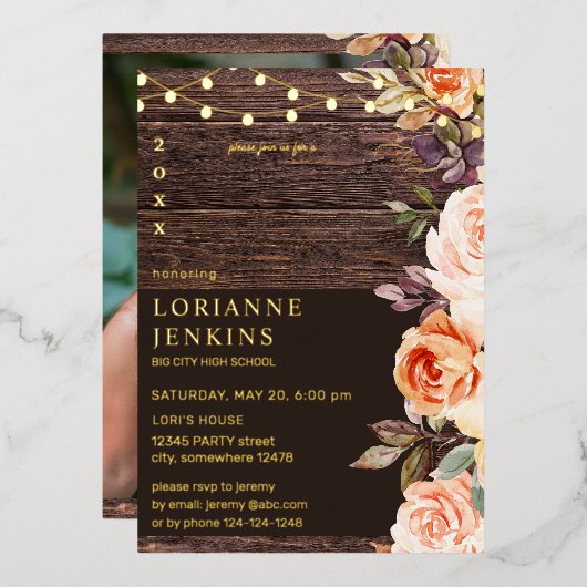 Blush &Peach Floral Rustic Afstuderen Foto v2 FL Folie Uitnodiging (Voorkant / Achterkant)