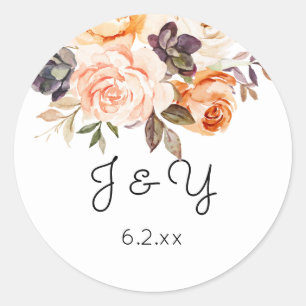 Blush & Peach Floral Rustic Monogram Ronde Sticker