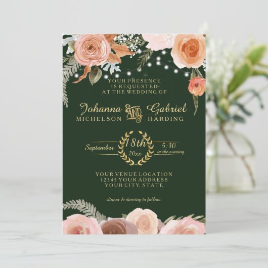 Blush Peach Floral Twinkle Foliage Forest Green Kaart (Staand voorkant)