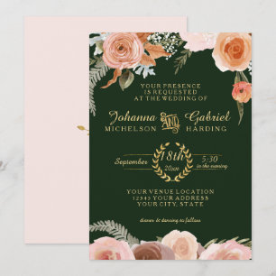 Blush Peach Floral Waterverf Foliage Forest Green Kaart