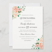 Blush Peach Floral Waterverf Quinceanera Invite Kaart (Voorkant)