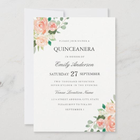 Blush Peach Floral Waterverf Quinceanera Invite Kaart (Voorkant)