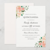 Blush Peach Floral Waterverf Quinceanera Invite Kaart (Voorkant / Achterkant)
