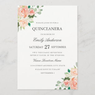 Blush Peach Floral Waterverf Quinceanera Invite Kaart