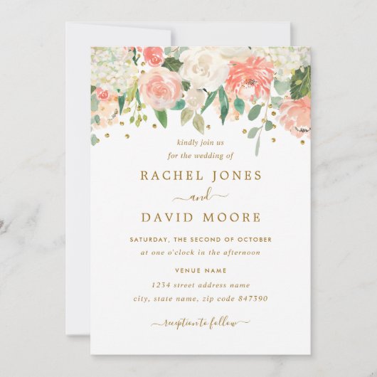 Blush Peach Gold Rustic Bloemen Huwelijksuitnodigi Kaart (Voorkant)
