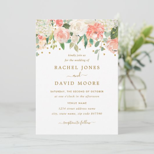 Blush Peach Gold Rustic Bloemen Huwelijksuitnodigi Kaart (Staand voorkant)