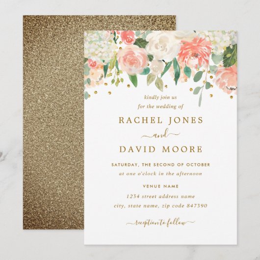 Blush Peach Gold Rustic Bloemen Huwelijksuitnodigi Kaart (Voorkant / Achterkant)