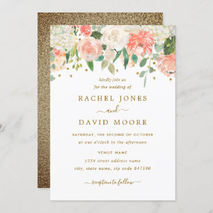 Blush Peach Gold Rustic Floral Wedding Invitation Kaart