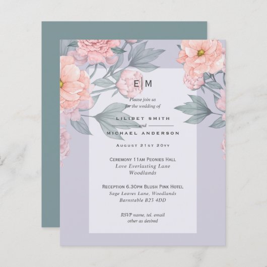 Blush Peach PEONIES Blue Wedding Invite BUDGET (Voorkant / Achterkant)
