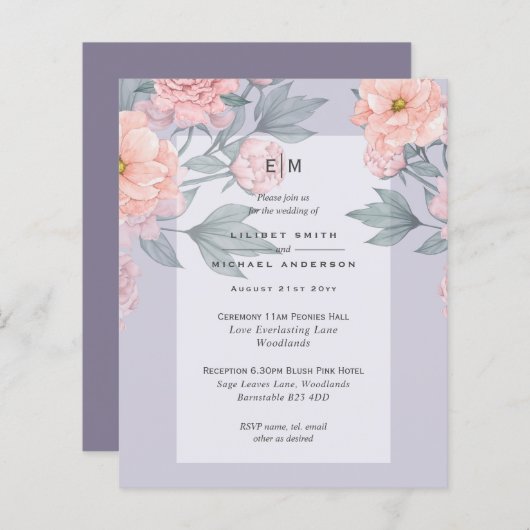 Blush Peach PEONIES Blue Wedding Invite BUDGET (Voorkant / Achterkant)