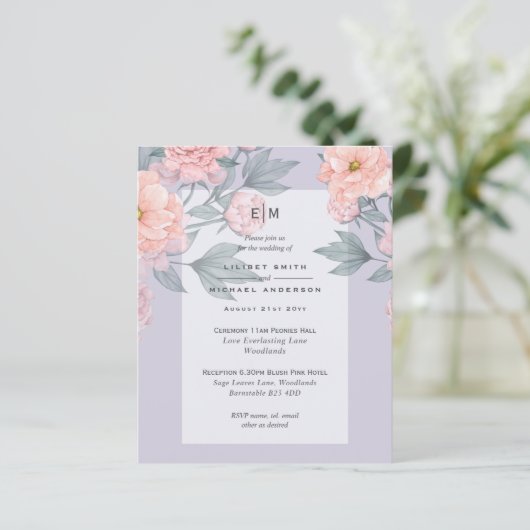 Blush Peach PEONIES Blue Wedding Invite BUDGET (Staand voorkant)