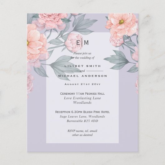 Blush Peach PEONIES Blue Wedding Invite BUDGET Flyer (Voorkant)