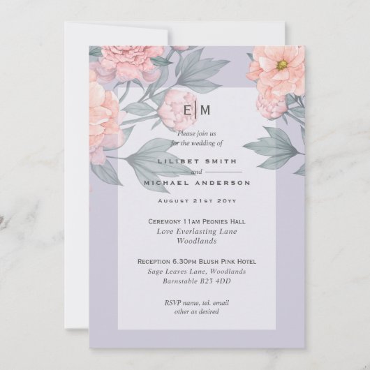 Blush Peach PEONIES Blue Wedding Invite Reception (Voorkant)
