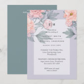 Blush Peach PEONIES Blue Wedding Invite Reception (Voorkant / Achterkant)