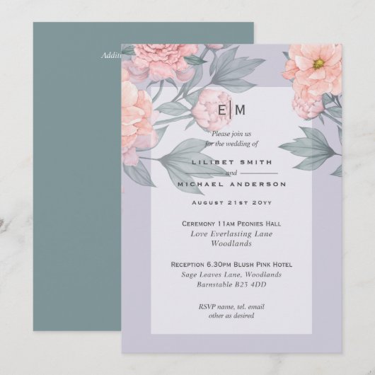 Blush Peach PEONIES Blue Wedding Invite Reception (Voorkant / Achterkant)
