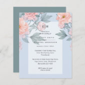 Blush Peach PEONIES Blue Wedding Invite Reception (Voorkant / Achterkant)