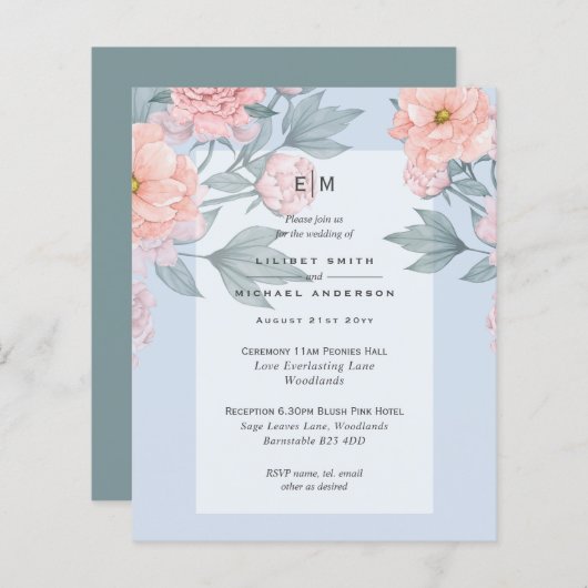 Blush Peach PEONIES Blue Wedding Invite Reception (Voorkant / Achterkant)