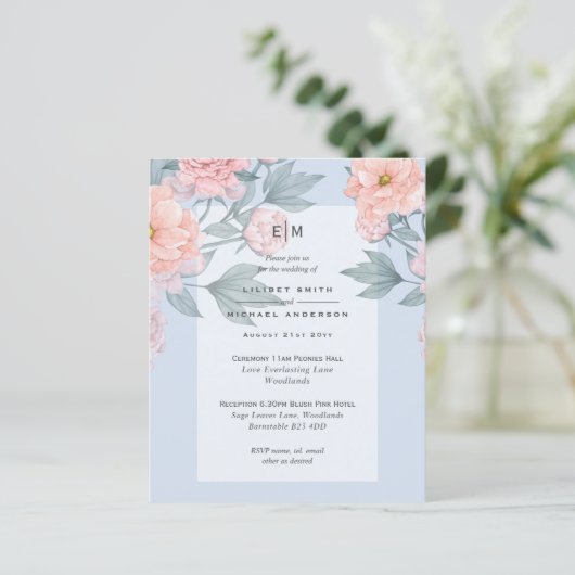 Blush Peach PEONIES Blue Wedding Invite Reception (Staand voorkant)