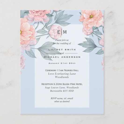 Blush Peach PEONIES Blue Wedding Invite Reception (Voorkant)