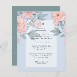 Blush Peach PEONIES Blue Wedding Invite Reception