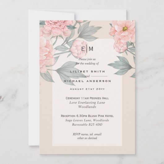 Blush Peach PEONIES Sage Weddenschap Uitnodigen to (Voorkant)
