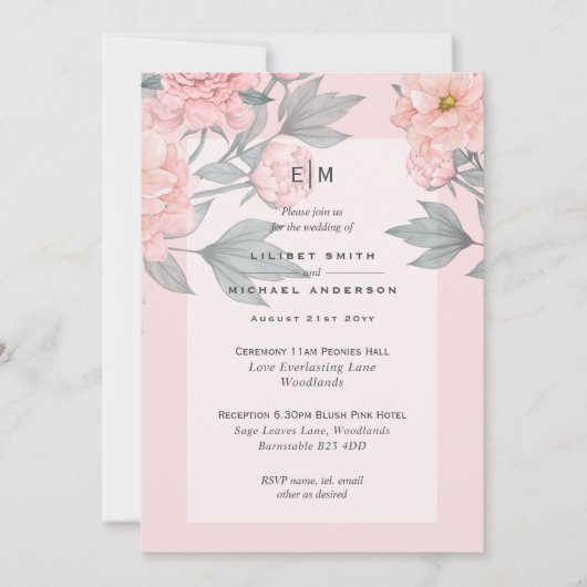 Blush Peach PEONIES Sage Weddenschap Uitnodigen to (Voorkant)