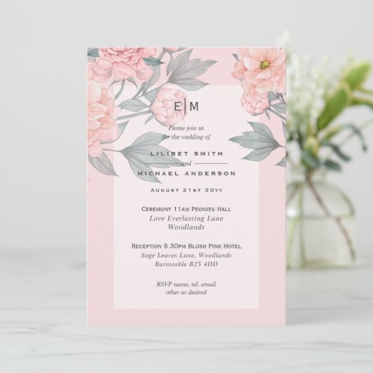 Blush Peach PEONIES Sage Weddenschap Uitnodigen to (Staand voorkant)
