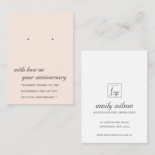 BLUSH PEACH PINK JUBILEUM EARRING DISPLAY CARD PLAATSKAARTJE (Voorkant / Achterkant)