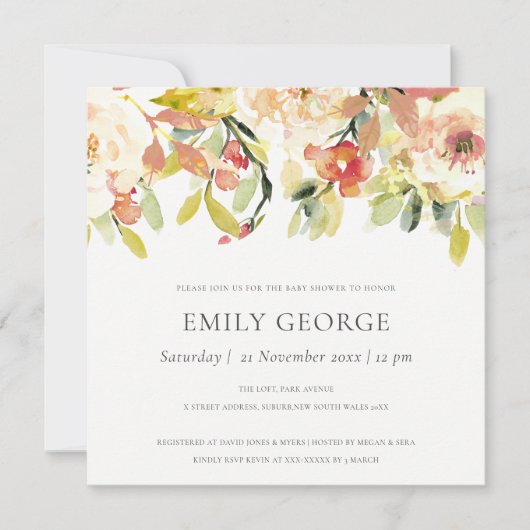 BLUSH PEACH PINK WATERVERF FLORAL BABY SHOWER KAART (Voorkant)