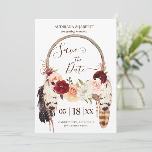 Blush & Peach Roos Dreamweaver Boho Save the Date Kaart (Staand voorkant)