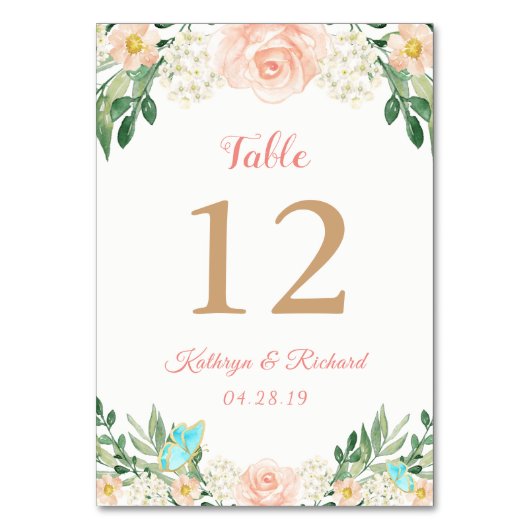Blush Peach Roos Garden Wedding Table Number Kaart (Voorkant)