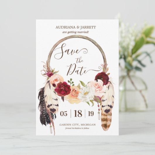 Blush & Peach Rose Dreamcatcher Boho Save the Date Kaart (Staand voorkant)