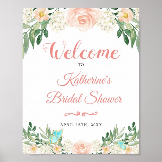 Blush Peach Rose Garden Bridal Shower Sign Poster (Voorkant)