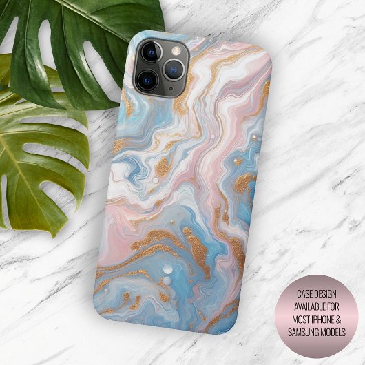Blush Peach Roze Blauw Goud Marmeren Kunstpatroon Case-Mate iPhone Case