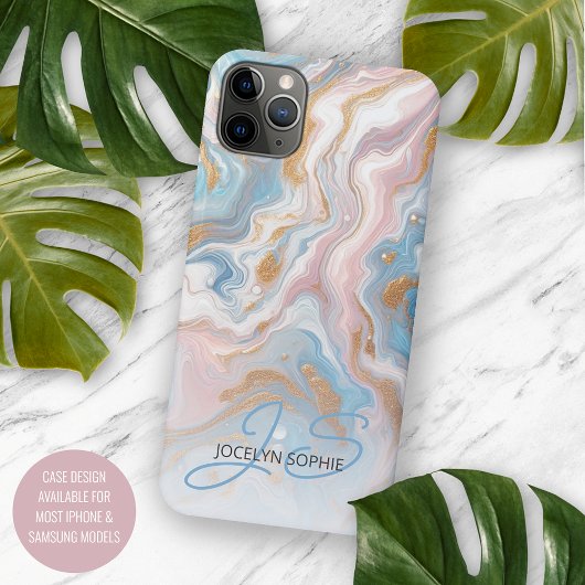 Blush Peach Roze Blauw Goud Marmeren Kunstpatroon iPhone Hoesje