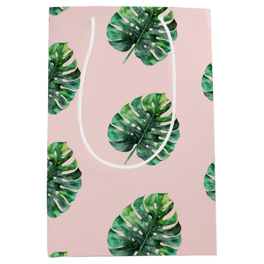 Blush Peach roze groene tropische bladeren Medium Cadeauzakje (Voorkant)