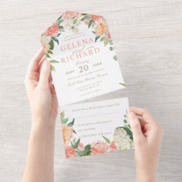 Blush Peach Spring Floral Waterverf Wedding All In One Uitnodiging