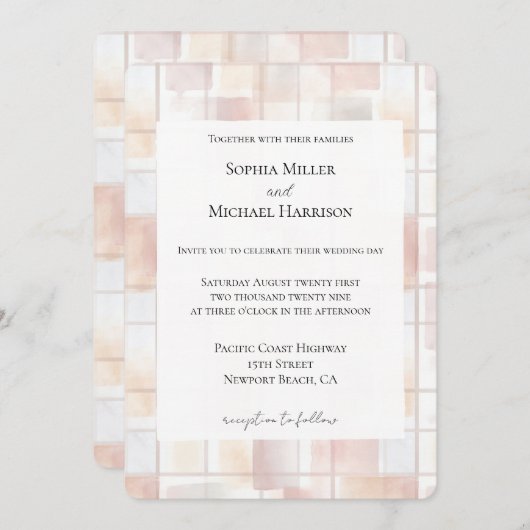 Blush Peach Squares Wedding Kaart (Voorkant / Achterkant)