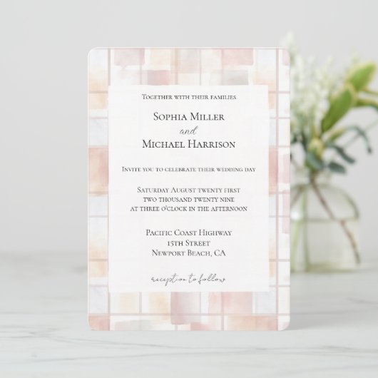 Blush Peach Squares Wedding Kaart (Staand voorkant)