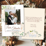 Blush Peach Waterverf Bloemen Foto & Nota Trouwen Bedankkaart<br><div class="desc">Deze prachtige rustieke boho chique bruiloft bedankkaarten zijn voorzien van uw foto in omgeven door met de hand beschilderde waterverf takjes van rozen, bloemen en bloesems in tinten van champagne blos of zeer bleke perzik samen met eucalyptusbladeren en tuingroen. Het bijschrift is geschreven in een elegant schrift en luidt: Liefde...</div>