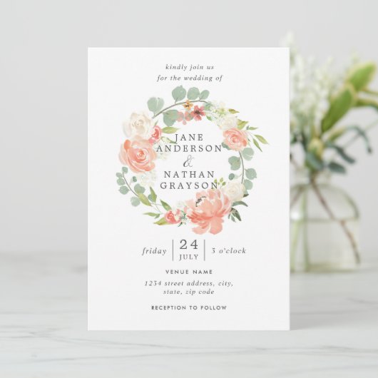 Blush Peach Waterverf Bloemenkrans bruiloft Kaart (Staand voorkant)