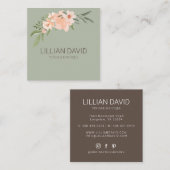 Blush Peach Waterverf Floral Roos & Sage Greenery Vierkante Visitekaartje (Voorkant / Achterkant)
