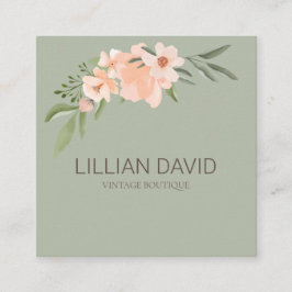 Blush Peach Waterverf Floral Roos & Sage Greenery Vierkante Visitekaartje