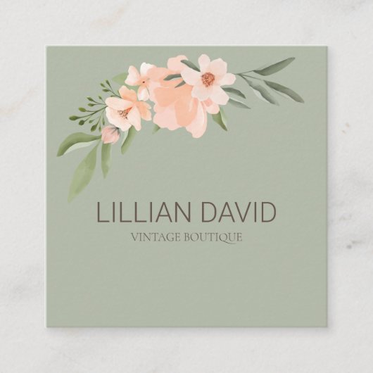 Blush Peach Waterverf Floral Roos & Sage Greenery Vierkante Visitekaartje (Voorkant)
