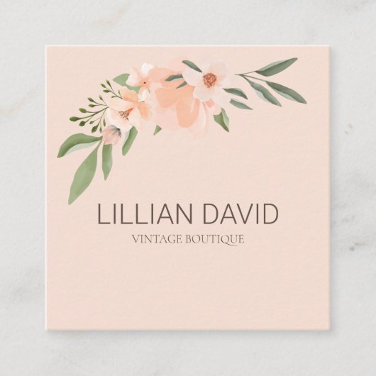 Blush Peach Waterverf Floral Roos & Sage Greenery Vierkante Visitekaartje (Voorkant)