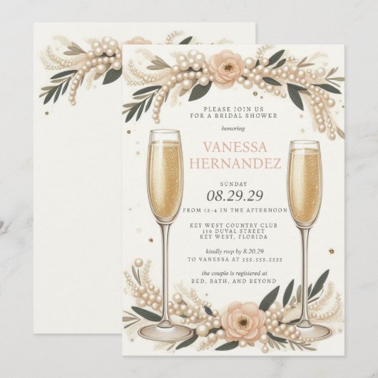 Blush Pearls en Prosecco Vrijgezellenfeest Kaart (Voorkant / Achterkant)