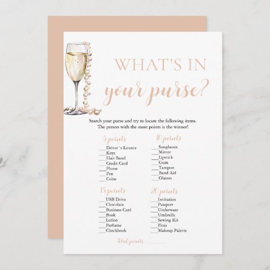 Blush Pearls & Prosecco Wat zit er in je tas spel Kaart (Voorkant / Achterkant)