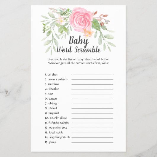 Blush Peonies Baby shower UK Word Scramble Flyer (Voorkant)